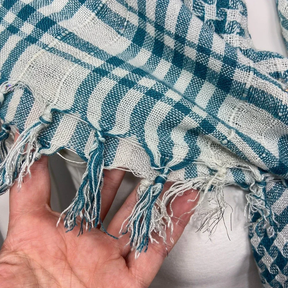 Plaid Fringe Scarf Blue‎ White Shawl Y2K Indie Sleaze Euro Summer Picnic Wrap